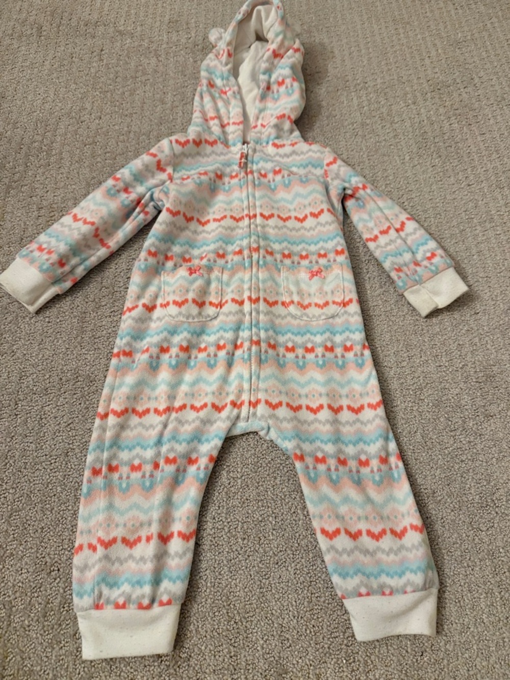 Carter's Fleece Hooded One-Piece in Coral, Baby Blue & Pale Pink